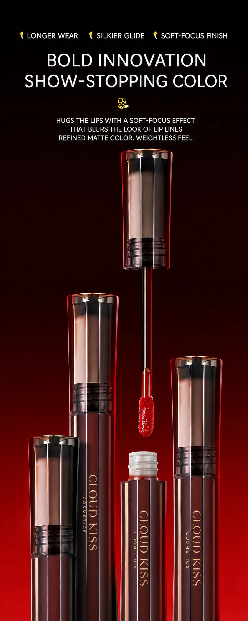 Midnight Passion lip cream tubes and applicator against a deep red background