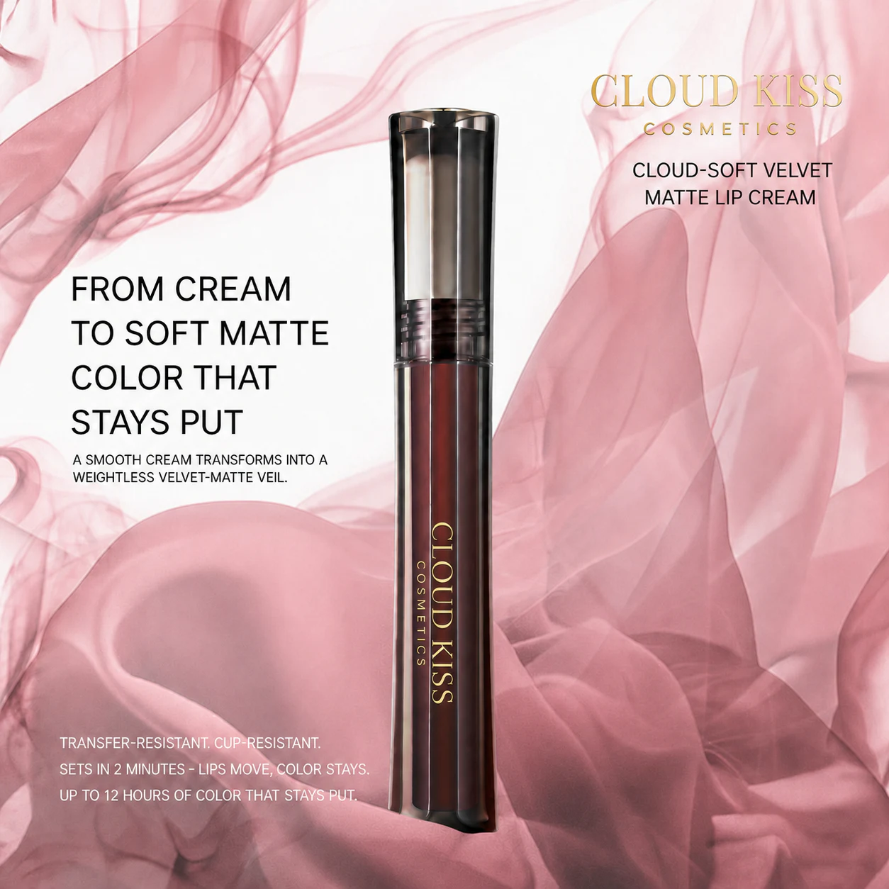 Midnight Passion lip cream standing among soft pink ribbons