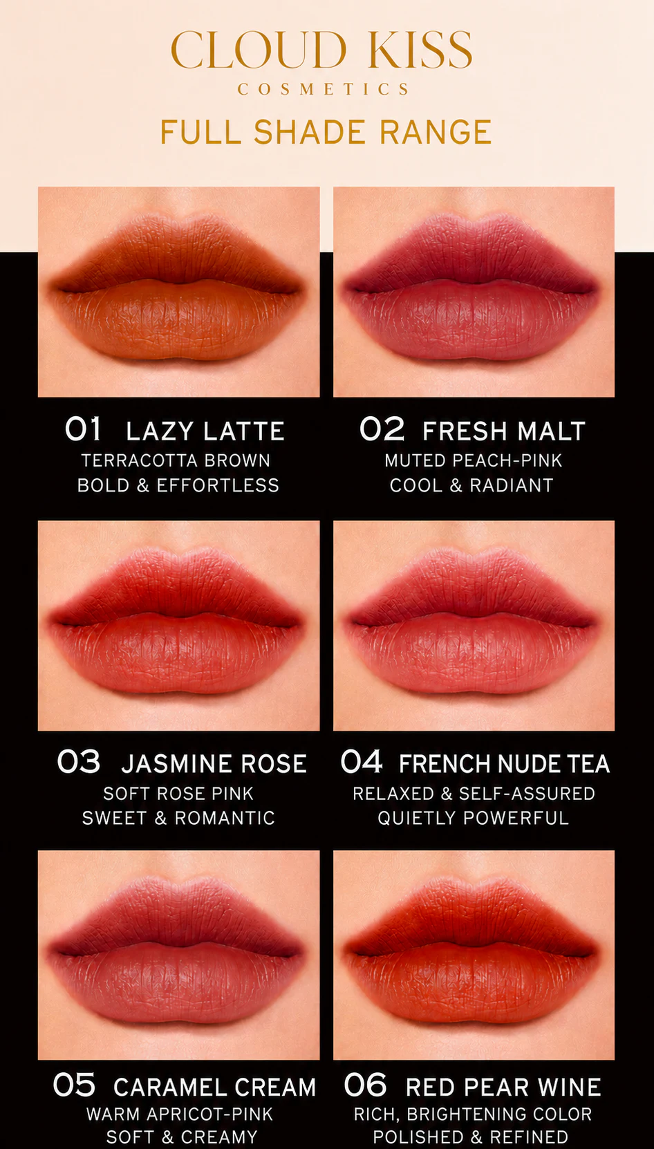 Cloud Kiss lip colors shown on six sets of lips across warm rose, peach, red, and berry tones
