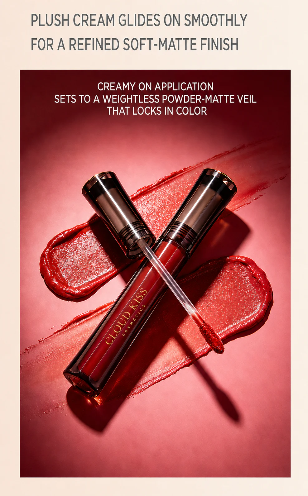 Midnight Passion tubes and applicator arranged over velvety red color swatches